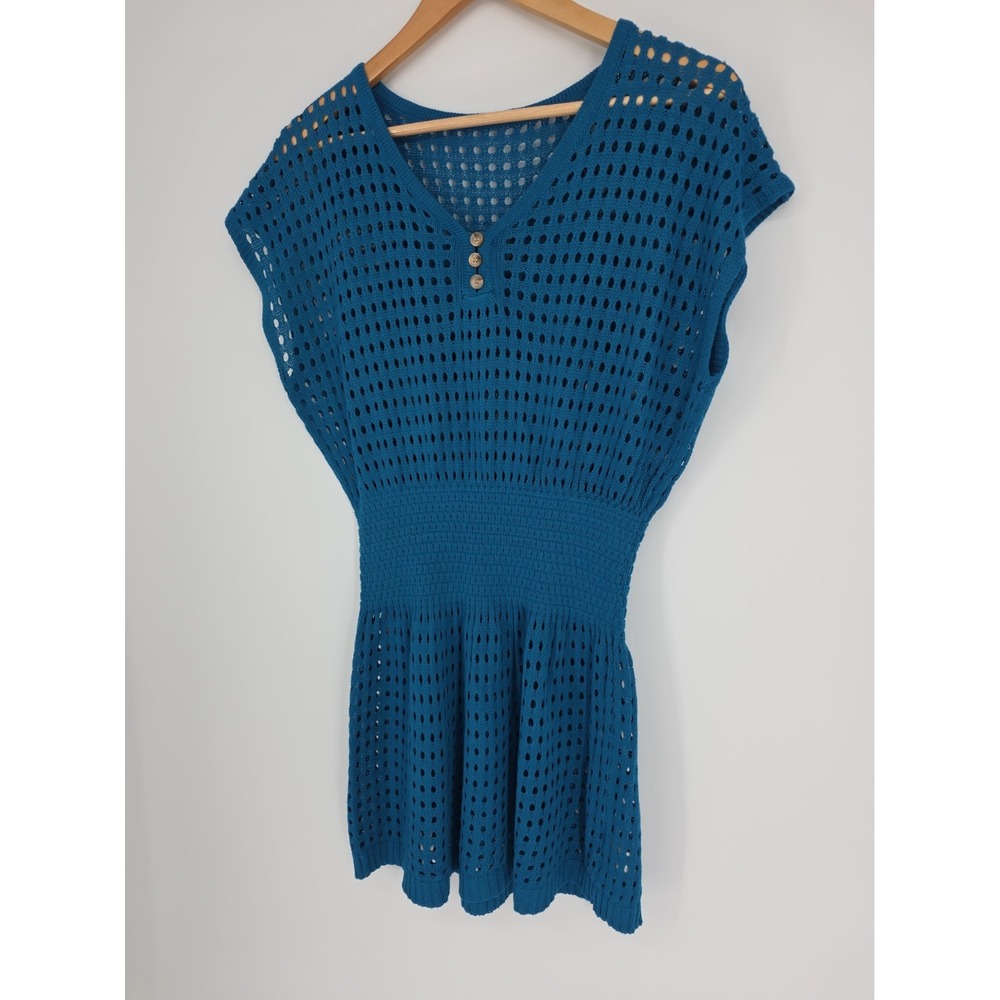 Cupshe Women's Blue Crochet Mini Dress Top Swim Cover Up Open Weave Kimono